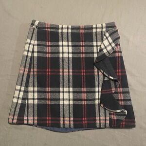 J Crew Ruffle-Front Mini Skirt Double-Serge Wool in Red Blue Plaid
